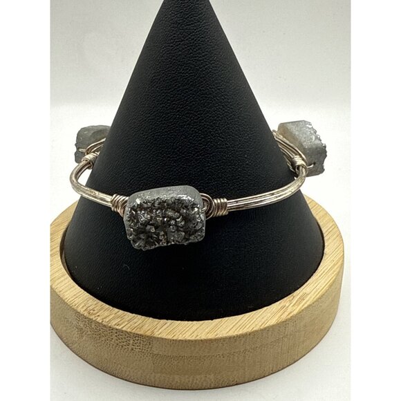 Silver Wire Bracelet Gray Druzy Stone Accents & BB Logo Charm - Picture 1 of 6